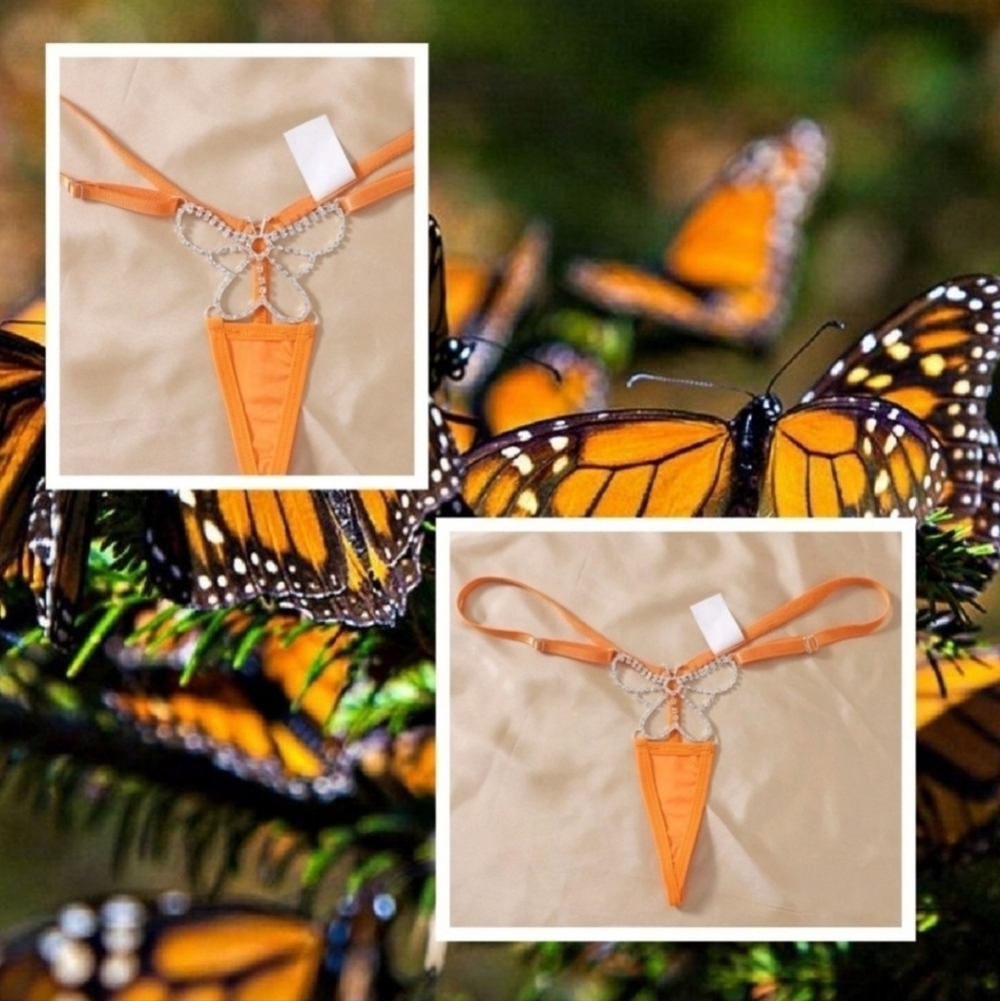 Butterfly G-String Panty in Orange Rhinestone Embellished